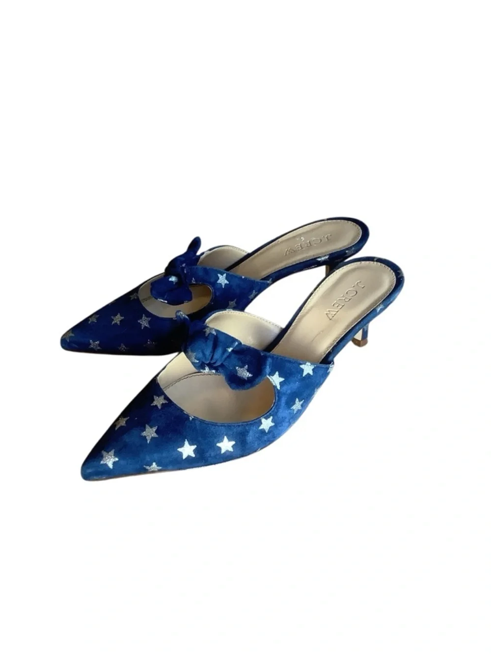 J.Crew Blue Star Print Suede Mules Kitten Heel Slip On Size 6.5